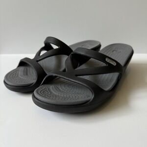 Crocs Hilga Black Grey Slip On Slides Womens Size 7 Wedge Summer Sandal Beach‎